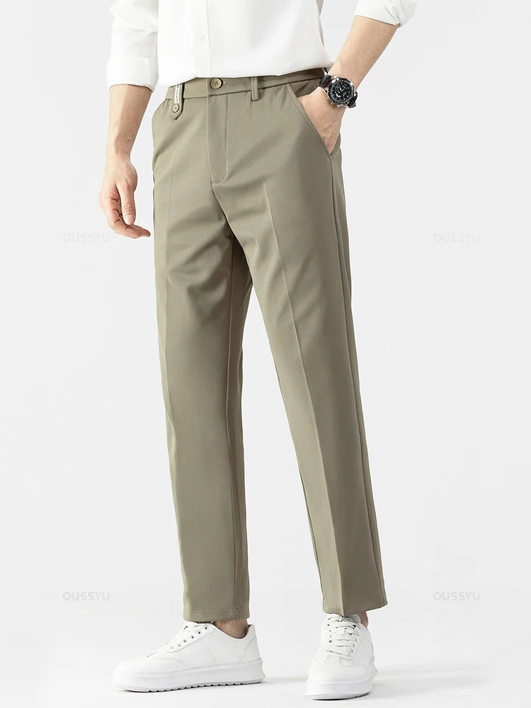 Men's Ankle-Length Straight Leg Trousers | Elastic Waist | Sash Detail | Midweight | All Season | Smart Casual