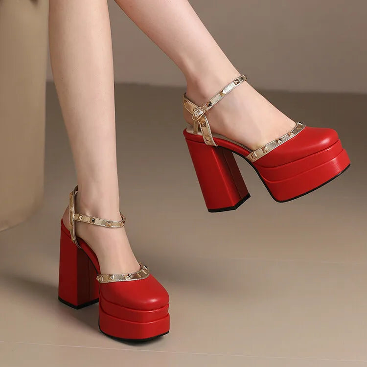 Women's Riveted Leather 14cm Square Heels Pumps Shoes