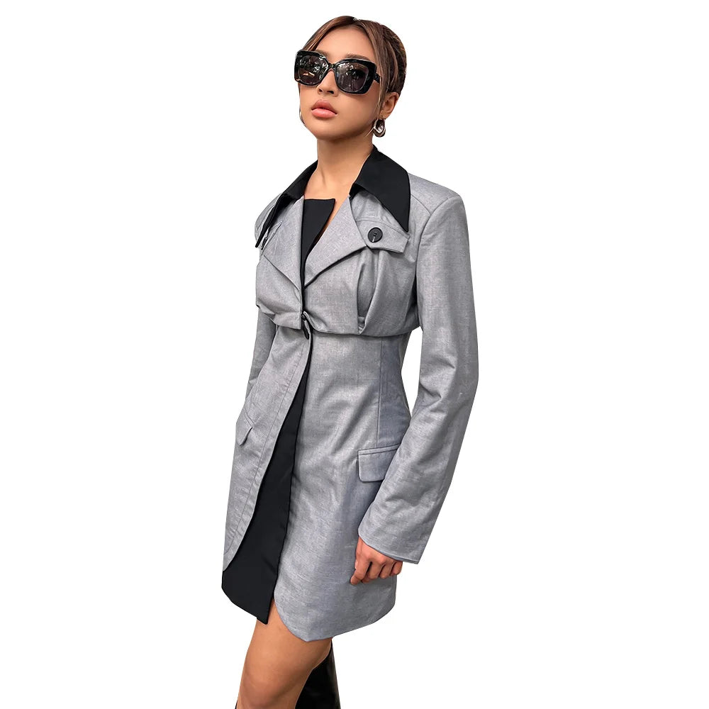 Women's Patchwork Notched Collar Long Sleeve Single Button Blazer