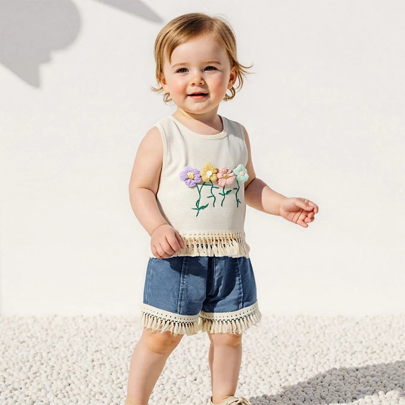 1-5Y Kids Girls Summer Clothes Sets Sleeveless Floral Embroidery Tasseled Tank Top and Elastic Denim Shorts