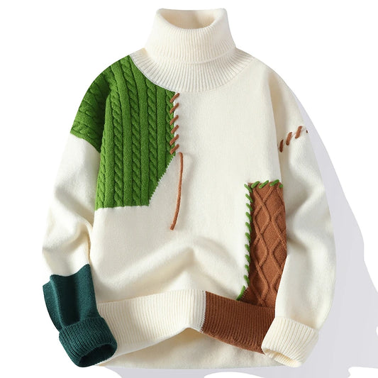 Men's Knit Turtleneck Patchwork Sweater