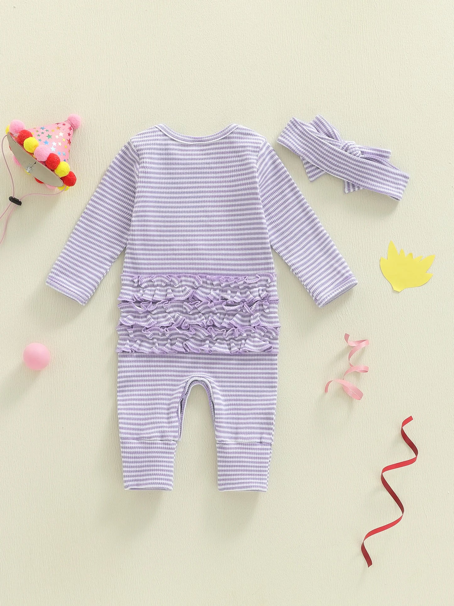 Newborn Baby Romper with Headband - Bow Letter Embroidery Stripe Long Sleeve Jumpsuit