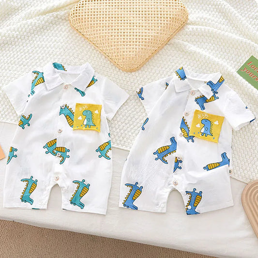 Summer Baby Rompers Toddler Boys Shirt Collar Dinosaur Print Jumpsuit One Piece Clothing 0-2 Years Old