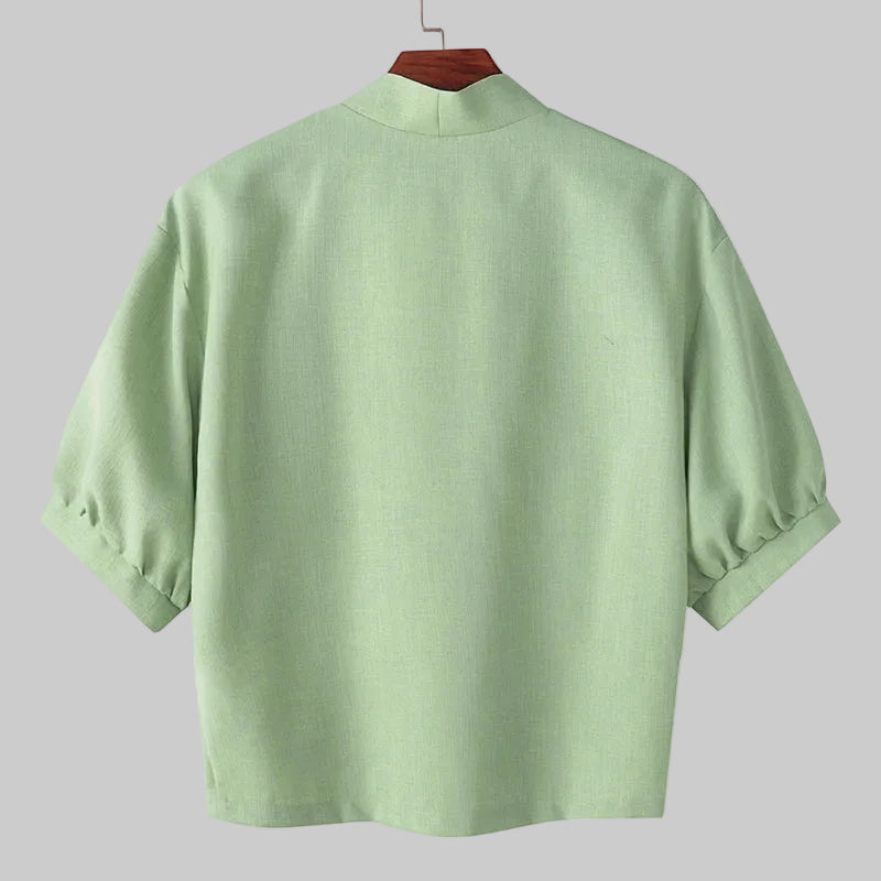 Korean Style Slanted Placket Collarless Long Sleeve Shirt