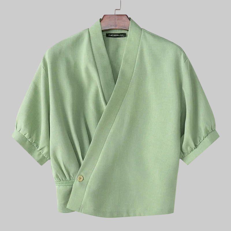 Korean Style Slanted Placket Collarless Long Sleeve Shirt