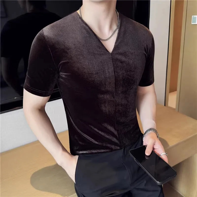 Men's Summer V-Neck Short Sleeve Elastic Slim Fit Breathable T-Shirt