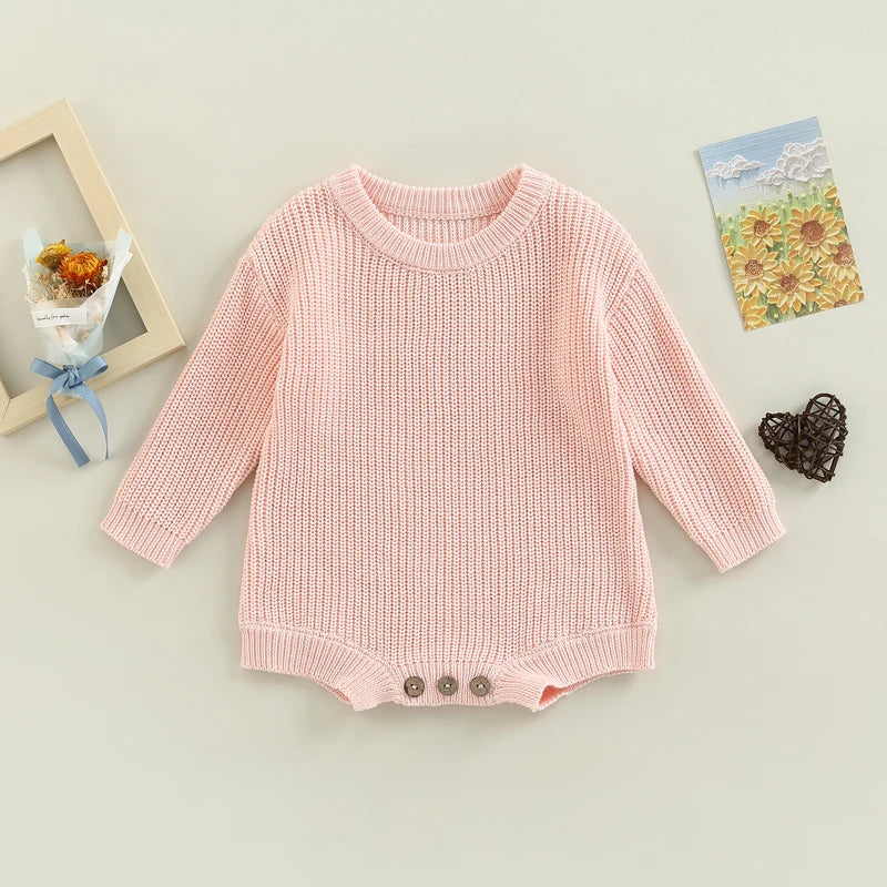 Baby Sweater Romper - Solid Knitted Long Sleeve Pullover Jumpsuit