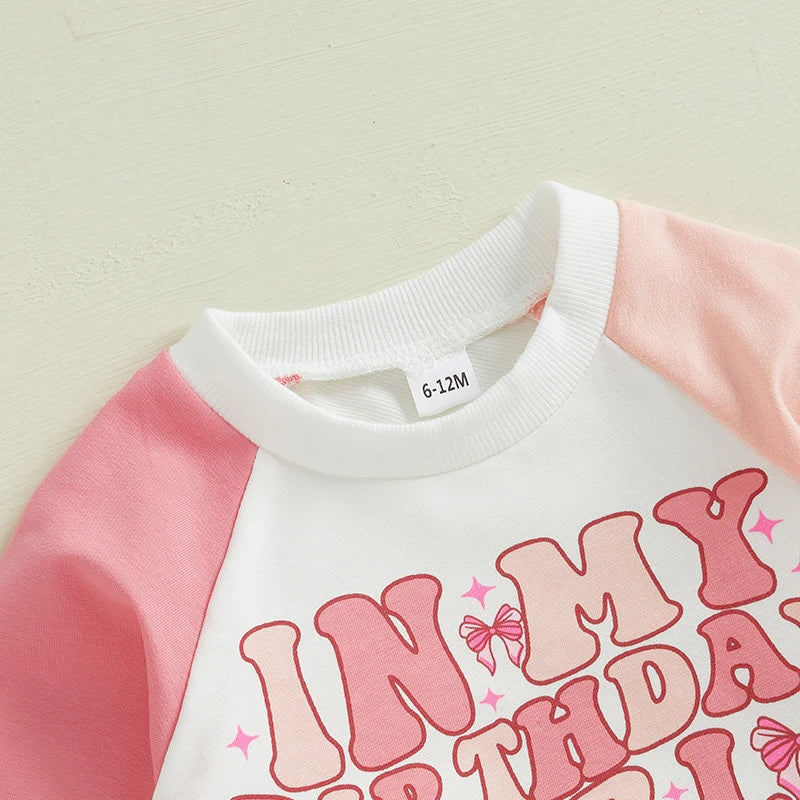 0-5Y Kids Girls Birthday Clothes Set Colour Patchwork Long Sleeve Letter Print Sweatshirt with Pants