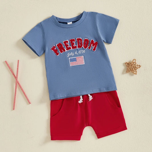 0-4Y Toddler Kids Boys American Flag Clothes Sets Letter Flag Embroidery Crew Neck Short Sleeve T-Shirt and Shorts
