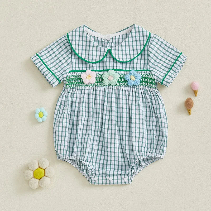 Baby Girls Summer Plaid Romper - Doll Collar Short Sleeve with Flower Embroidery (0-18M)