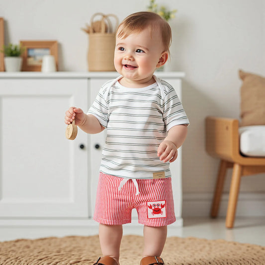 0-4Y Toddler Baby Boys Summer Casual Stripe Crab Embroidery Elastic Waist  Shorts