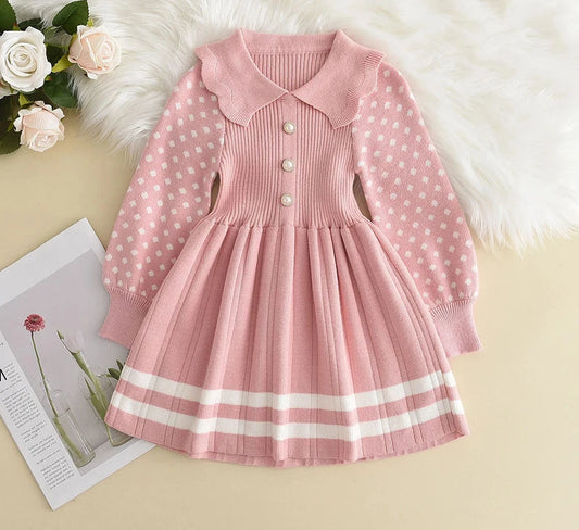 Girl's Baby Sweater Knitted Dress - Polka Dots Pleated Princess Dress