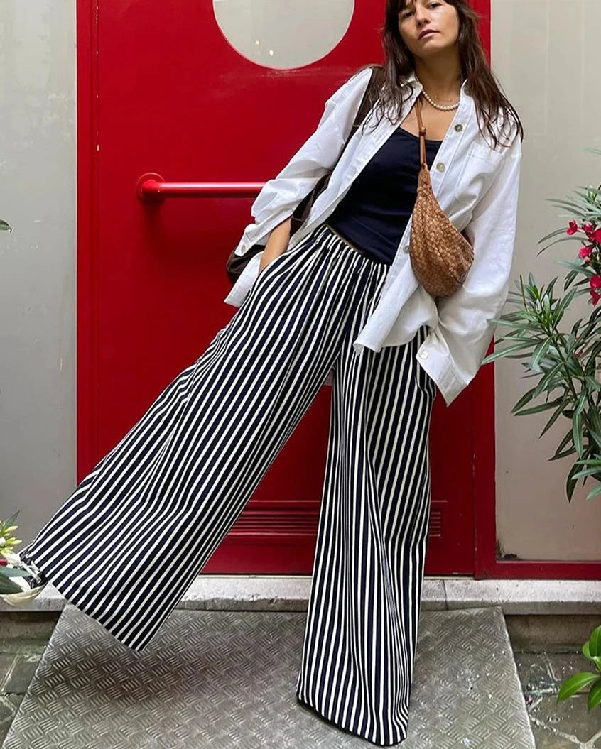 Women's Loose Stripe Print High Waist Wide Casual Classic Trousers