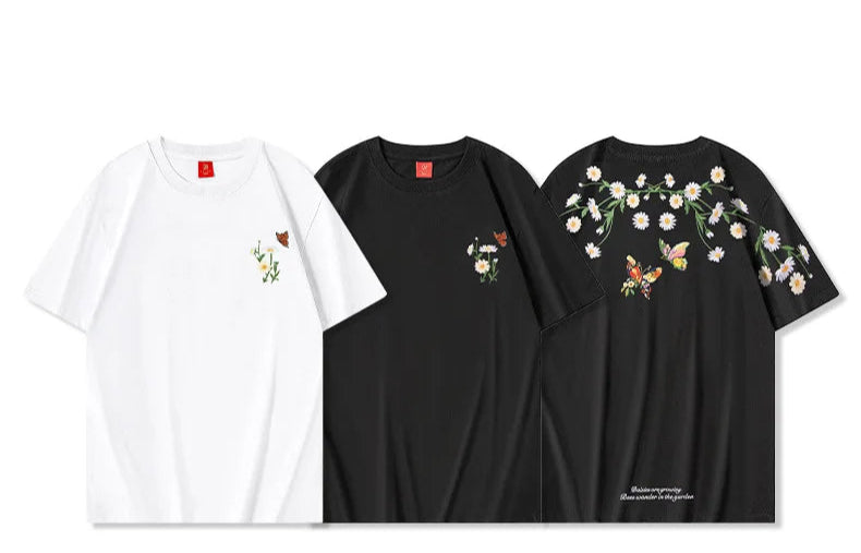 Men's Guochao short-sleeved Butterfly Embroidery Round Neck Cotton T-Shirt