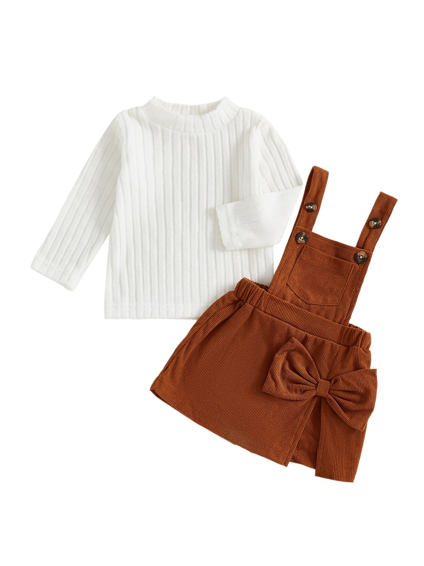 Baby Girls Ribbed Outfit Set - Long Sleeve Crew Neck Top & Bow Overall Skort (0-5Y)