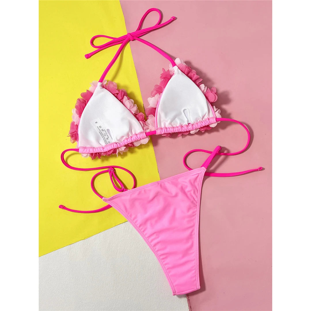Women's 3D Flowers Halter High Leg Cut Bikini Swimwear Swimsuit Two-pieces Bikini Set