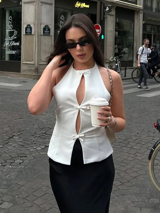 Women's Bows Halter Neck Solid Tank Top Low Waist Mini Skirt Two Piece Set