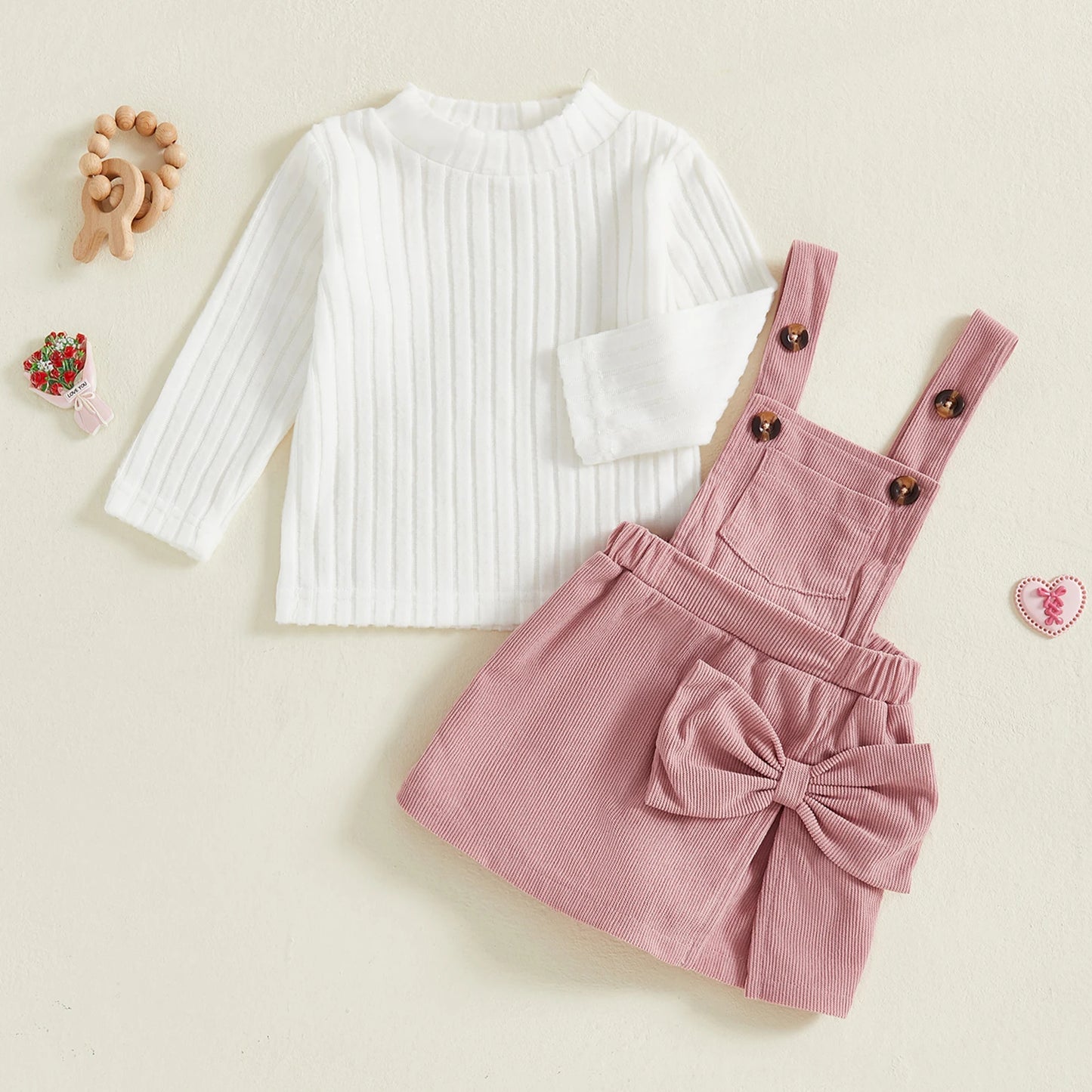 Baby Girls Ribbed Outfit Set - Long Sleeve Crew Neck Top & Bow Overall Skort (0-5Y)