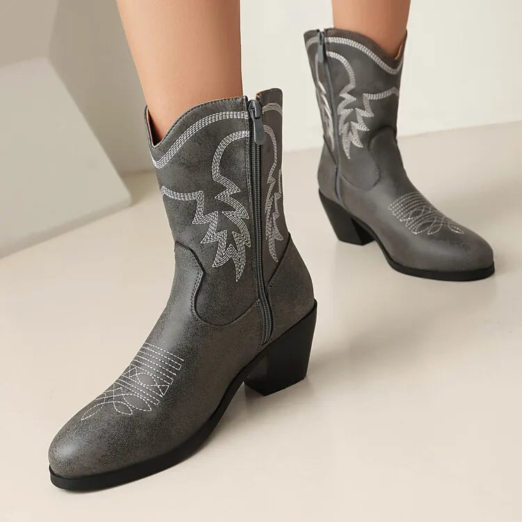 Totem Embroidered Ankle Boots - Pointed Toe Chelsea Boots with 6cm Wedge Heel