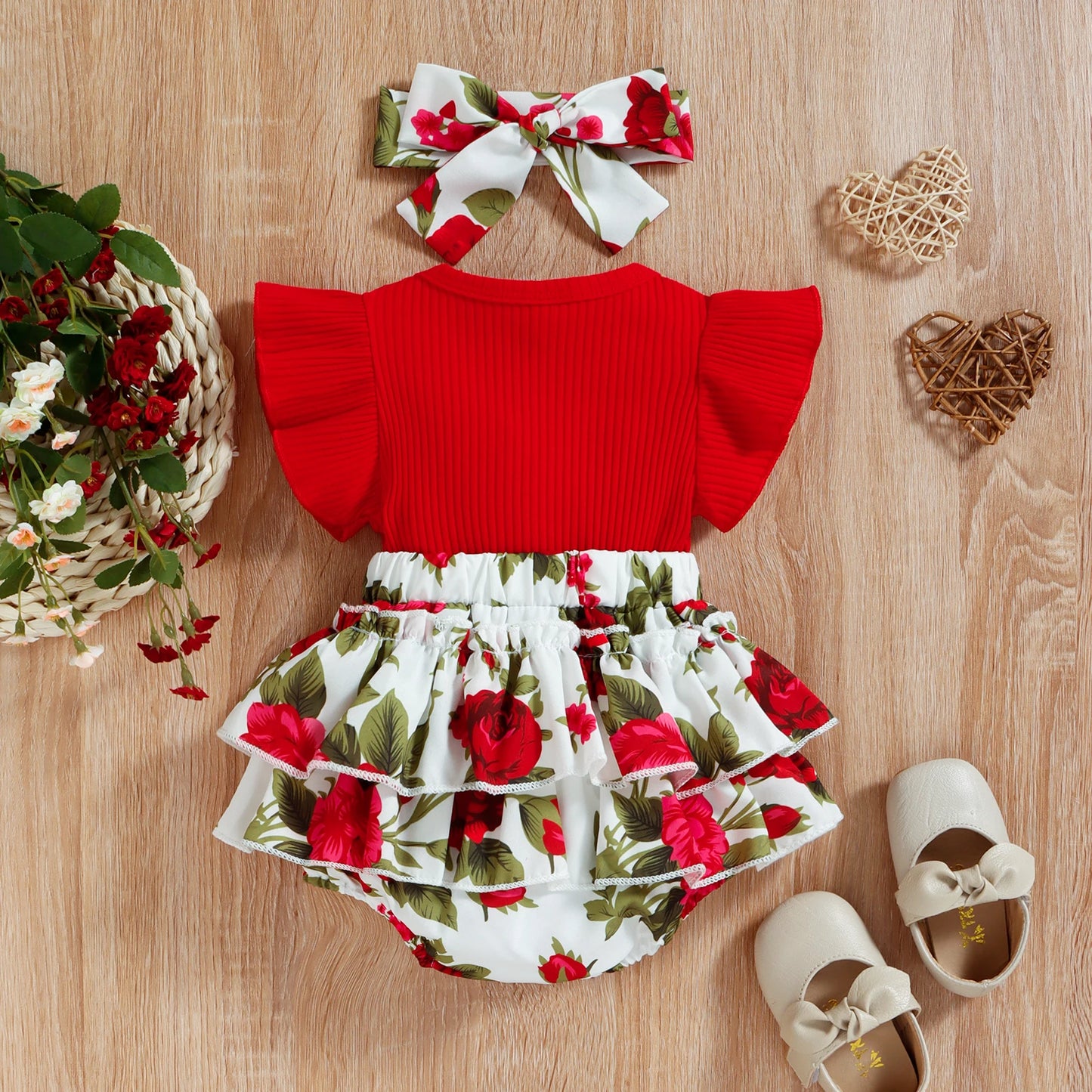 0-18M Baby Girls Romper 2pcs Set - Suspender Bowknot Donut/Flower Printed Ruffle Jumpsuits with Headband