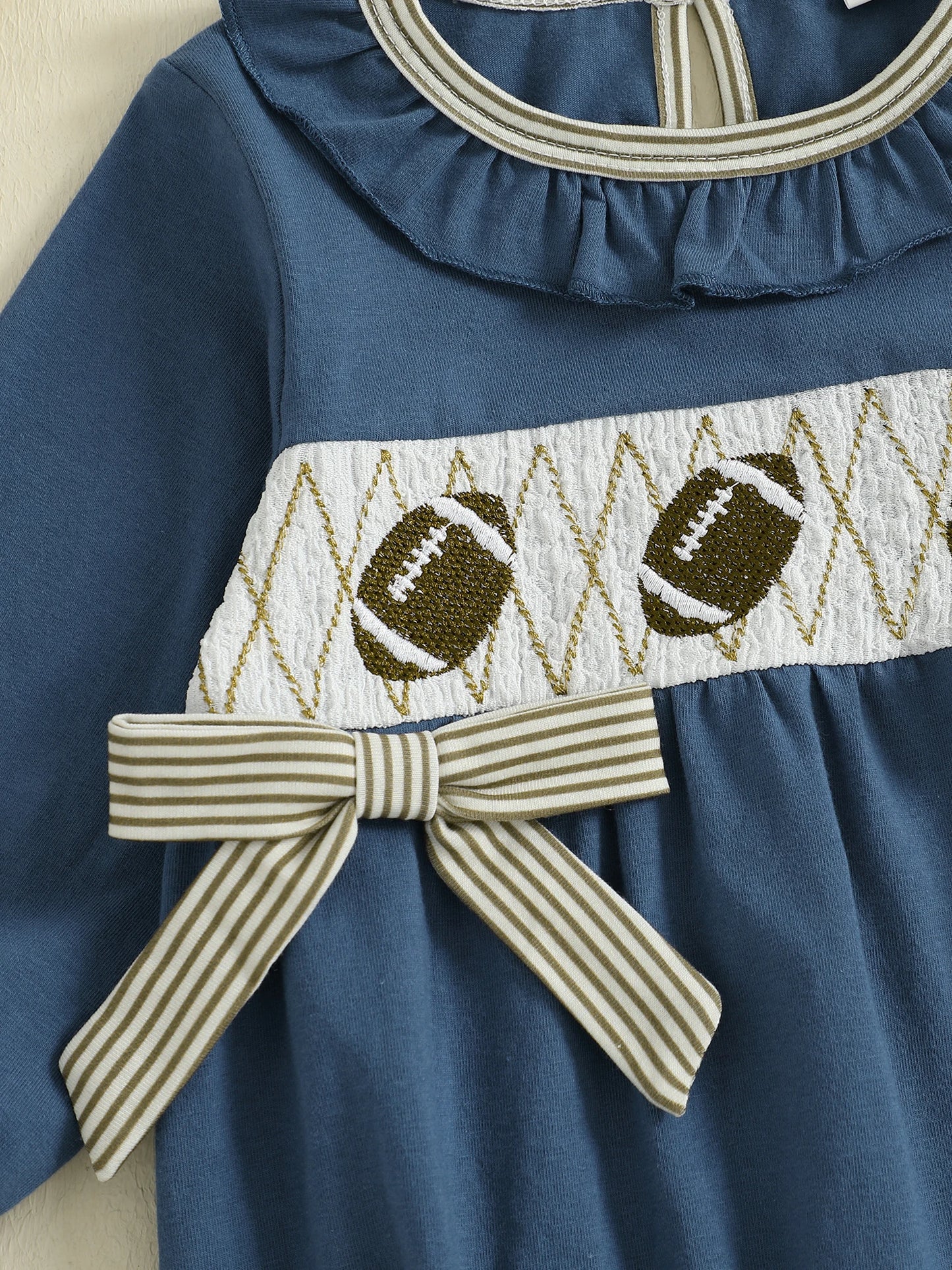 Baby Girls Autumn Winter Romper - Football Embroidery Ruffled Bubble Jumpsuit with Bow (0-18M)