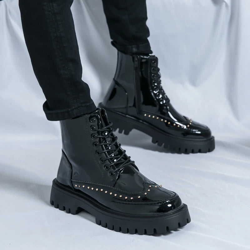 Platform Leather Boots - Men's Motorcycle Style Thick Sole Dress Sneakers