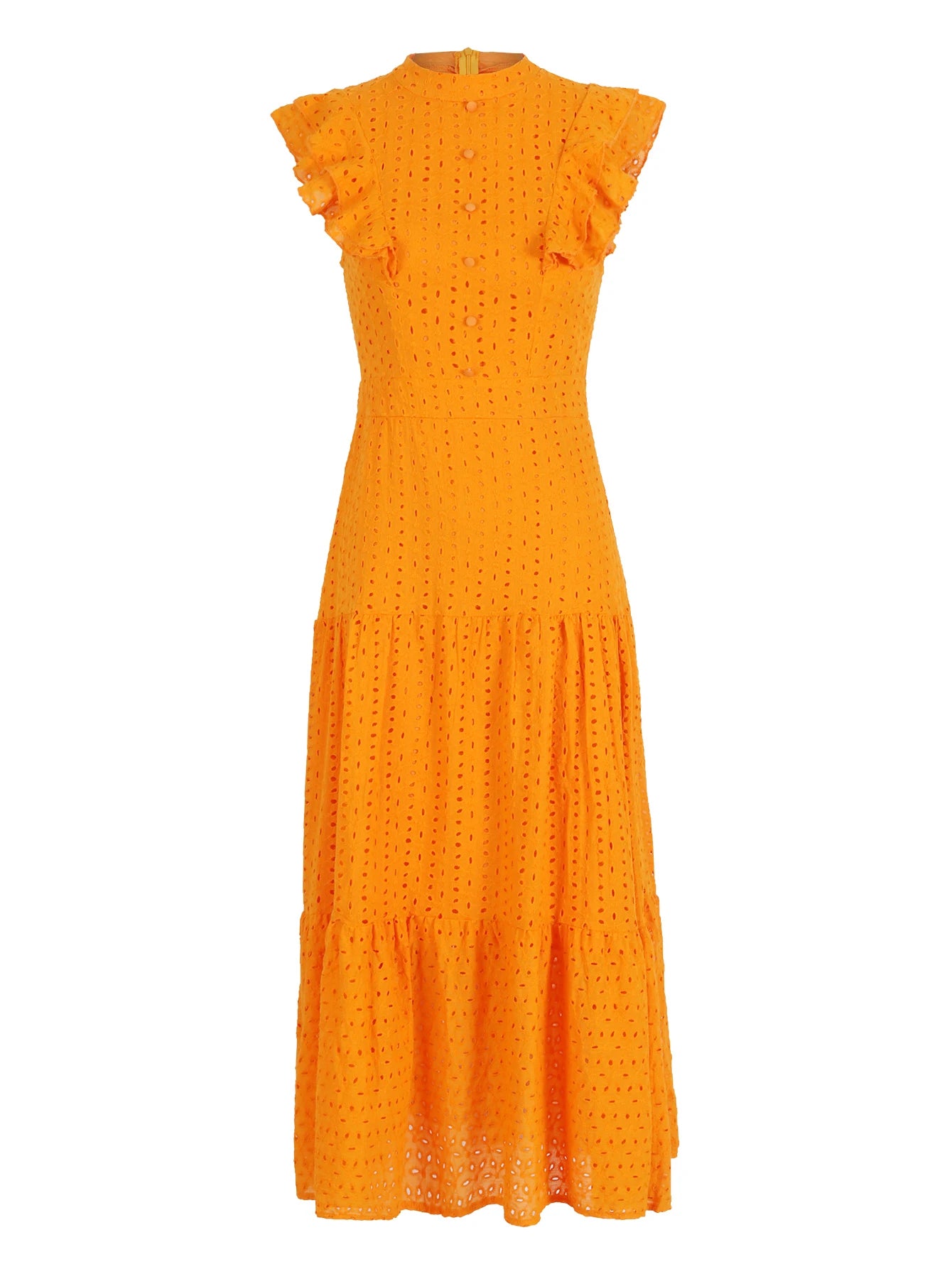 Women's Bohemian Hollow Out Elegant Round Neck Flying Sleeve Button Long Summer Dress