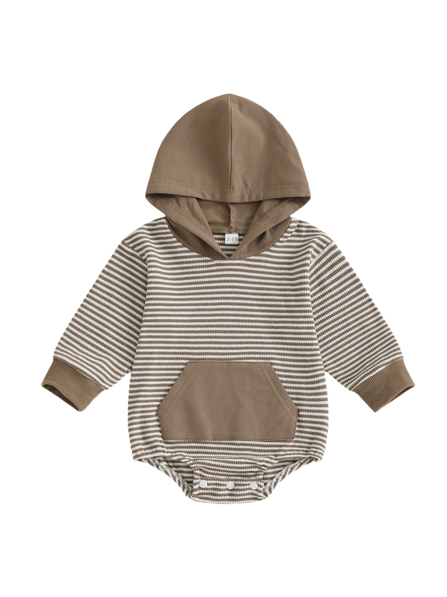 Newborn Baby Boys Fall Romper - Long Sleeve Hooded Stripe Bodysuit with Front Pocket (0-18M)