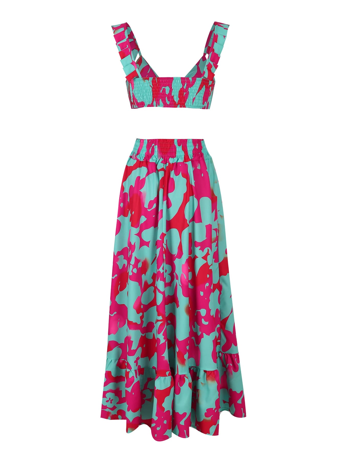 Women's Print Two-piece Skirt Set - Ruffle Halter Straps Tube Top and High Waist Chic Beach Skirt