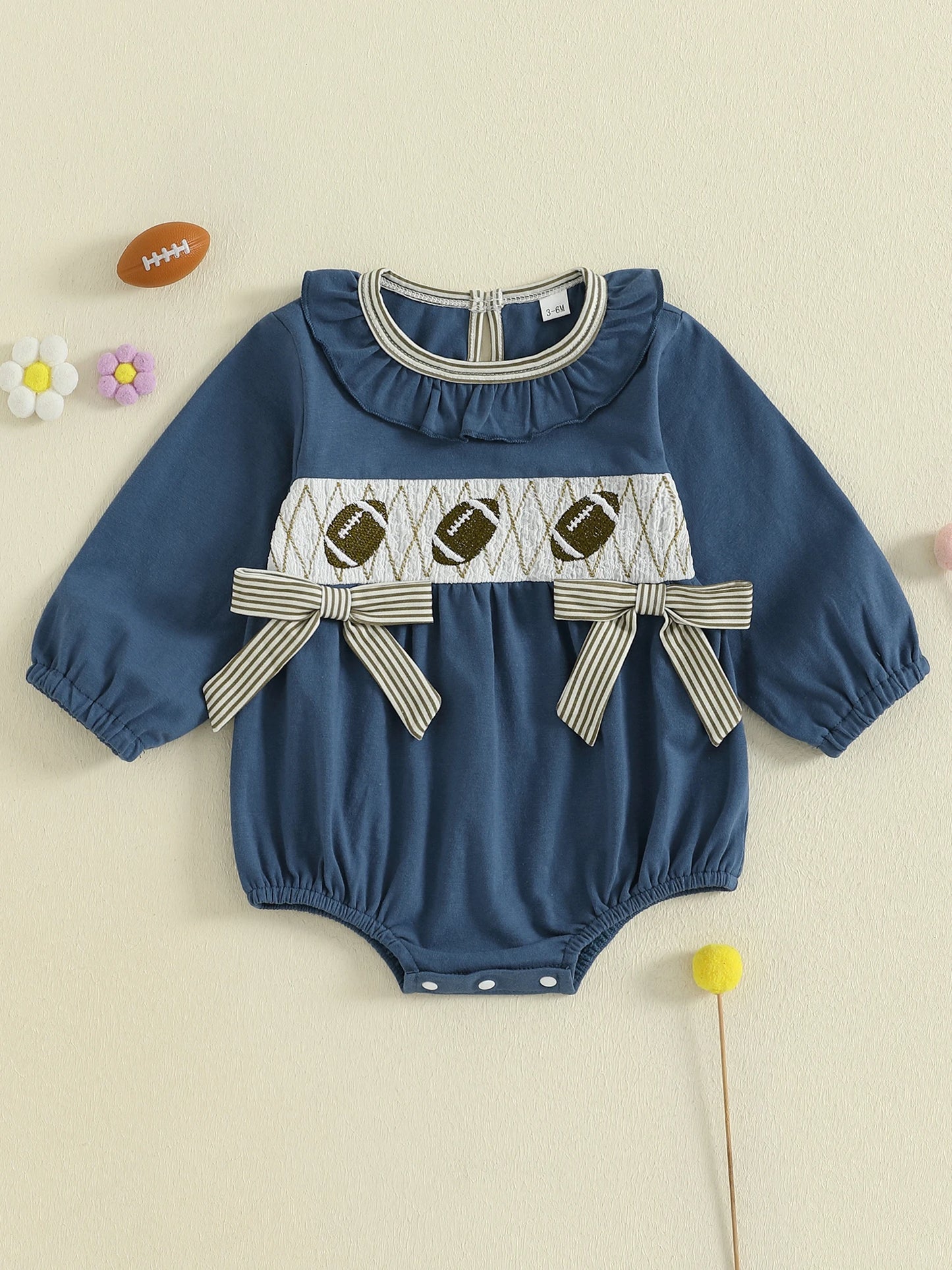Baby Girls Autumn Winter Romper - Football Embroidery Ruffled Bubble Jumpsuit with Bow (0-18M)