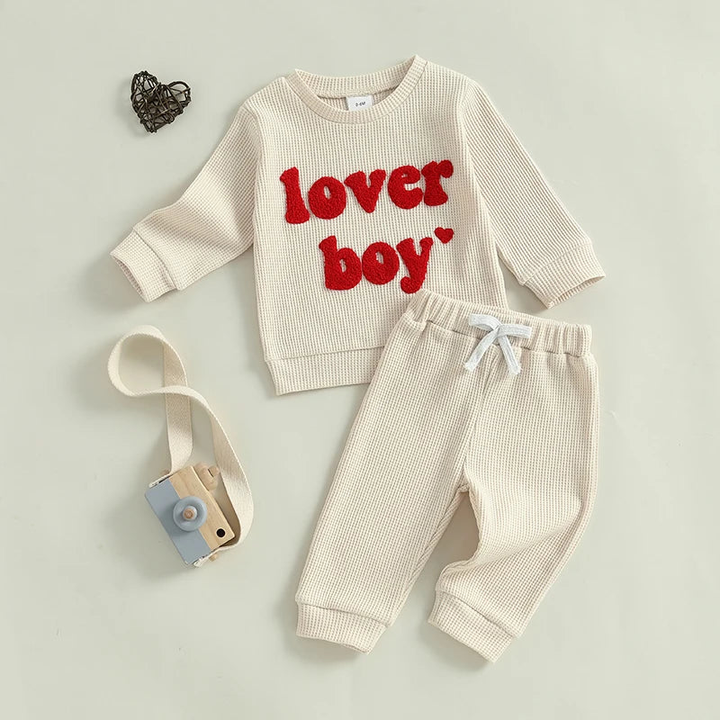 0-3Y Baby Boys Valentine's Day Clothes Sets Letter Embroidery Ribbed Long Sleeve Sweatshirts Drawstring Pants