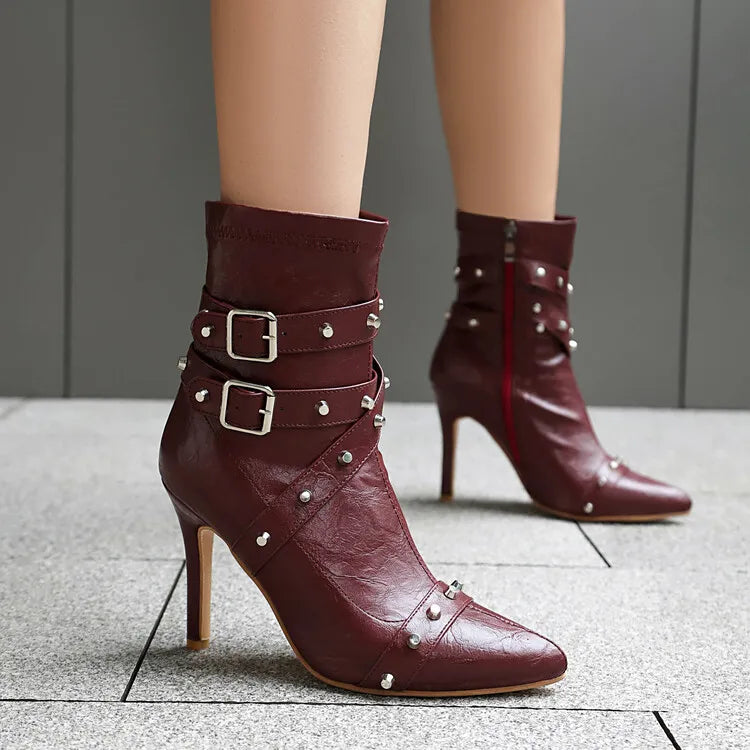 Women's Rivet Belt Buckle 10cm High Heel Short Pointed Side Zipper Leather Ankle Boots