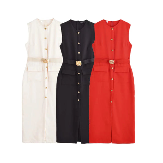 Women's Matching Belt Crepe Fabric Midi Dress