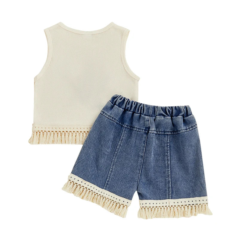 1-5Y Kids Girls Summer Clothes Sets Sleeveless Floral Embroidery Tasseled Tank Top and Elastic Denim Shorts
