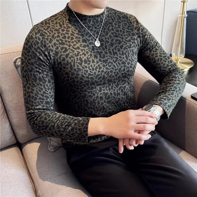 Men's Leopard Print Slim Fit Long Sleeve Mock Neck  Elastic T-shirt