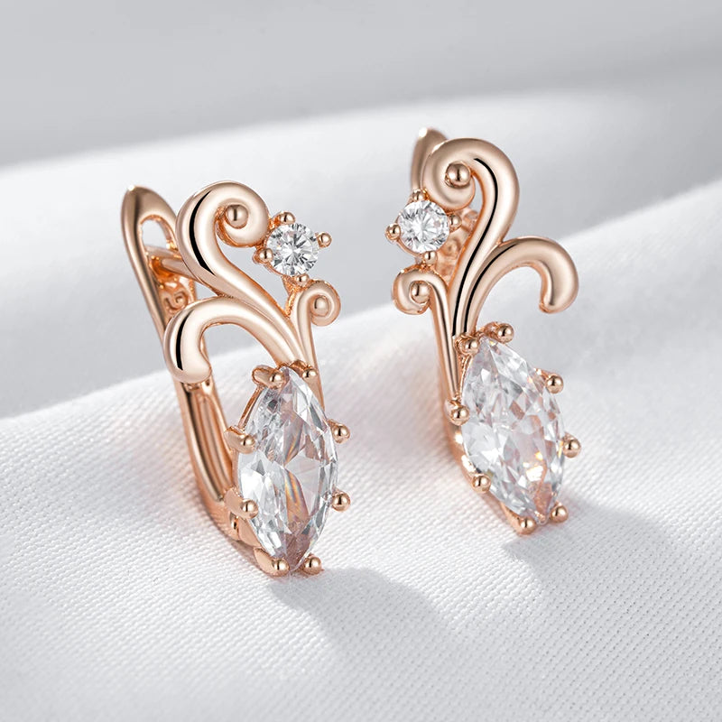 Women's 585 Rose Gold Colour Crystal Flower  Rhombus Natural Zircon English Earrings