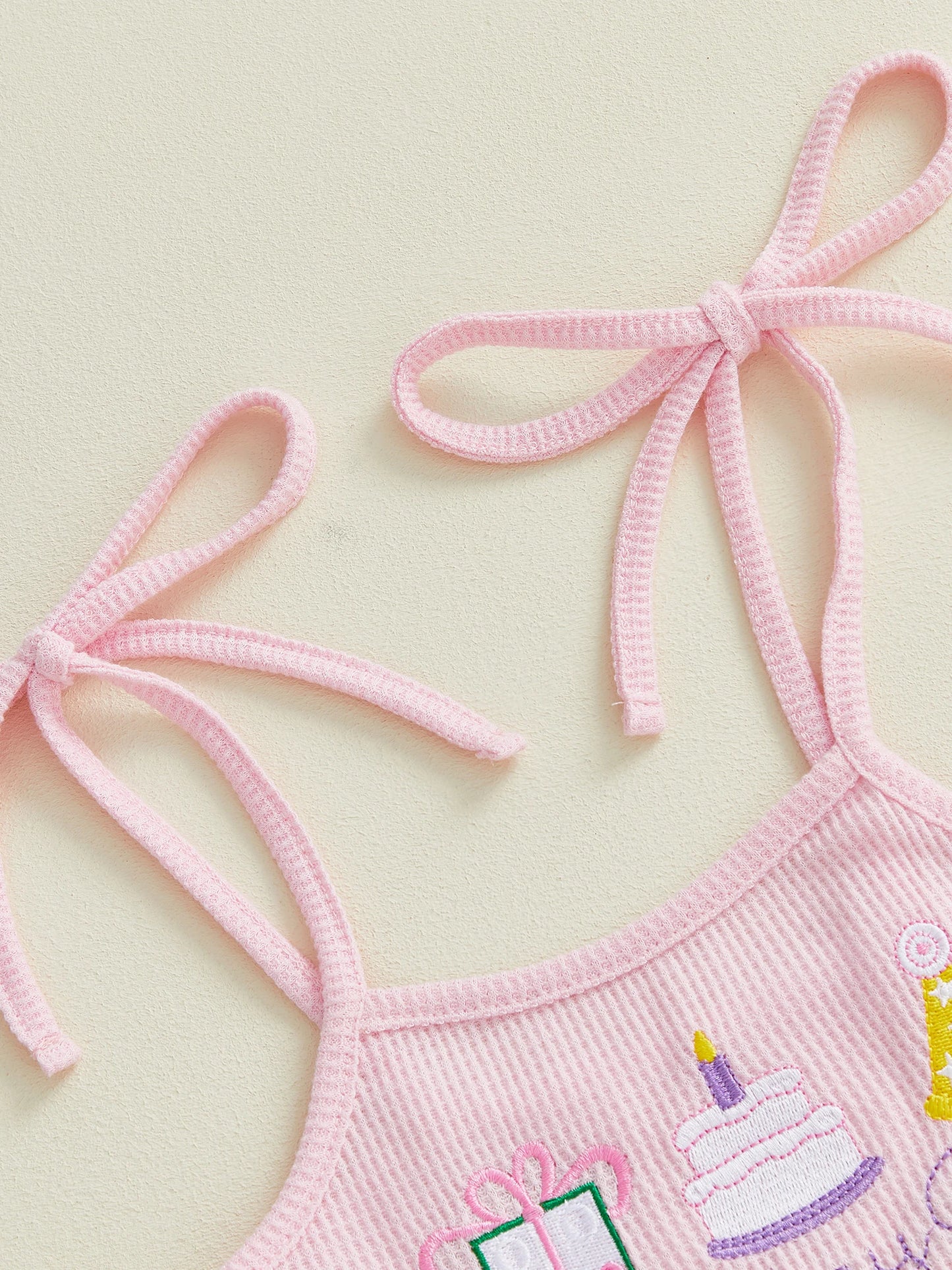 Toddler Girls Birthday Overalls Jumpsuit - Cake Embroidery Sleeveless Bell Bottom Flare Pants