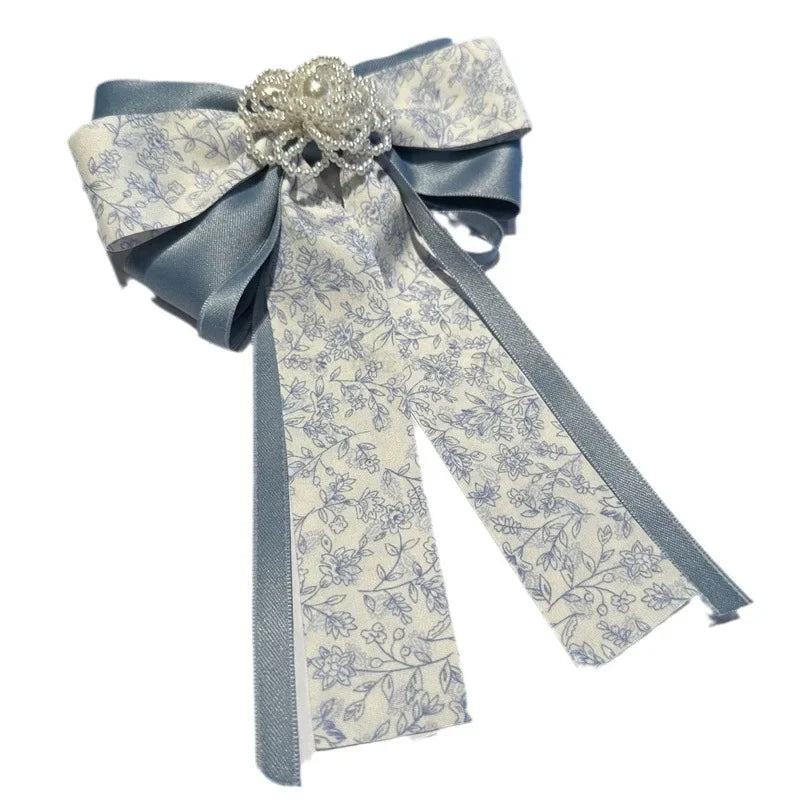 Handmade Fabric Bow Brooch with Pearl Flower Detail