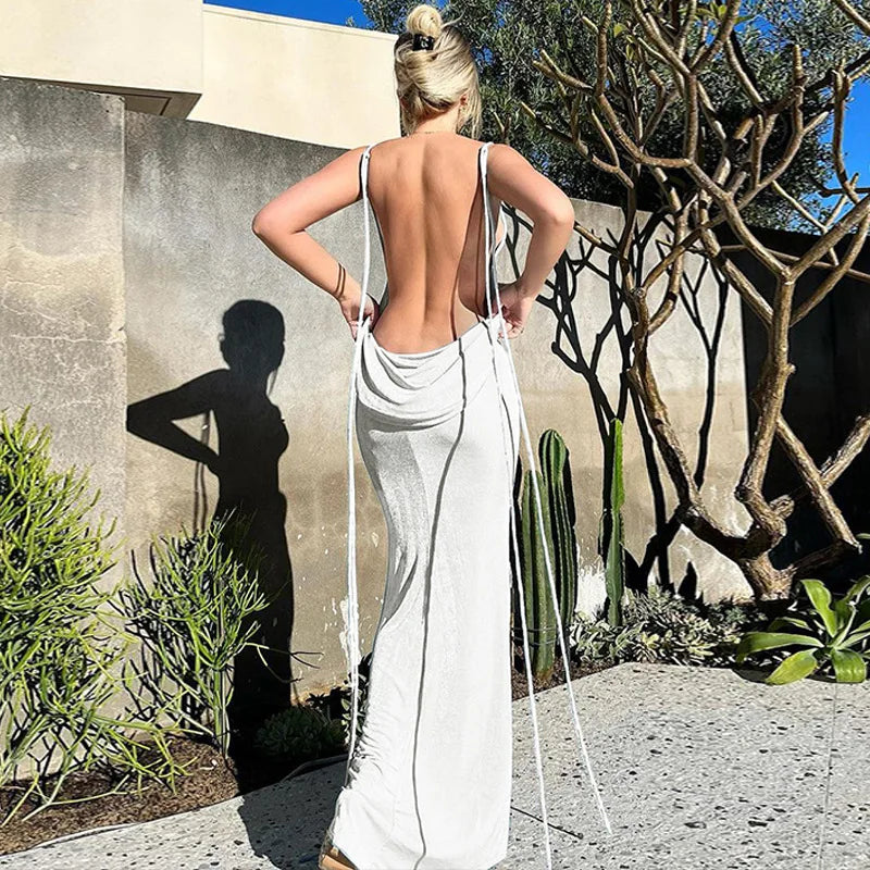 Women's Halter Backless Draped Maxi Dress - Long Straps Shift Dress