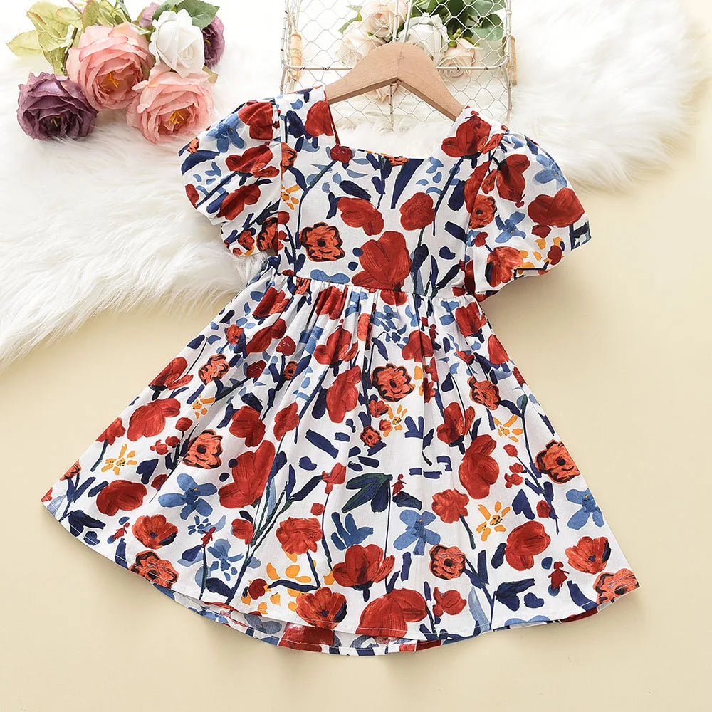 Girl's Floral Princess Backless Tie Bow Puff Sleeve Dress for 3-11Y