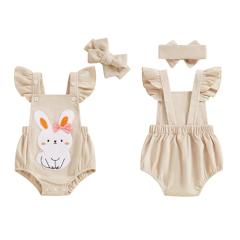 Infant Baby Easter Romper - Ruffles Flying Sleeve Rabbit Embroidery Jumpsuit with Headband
