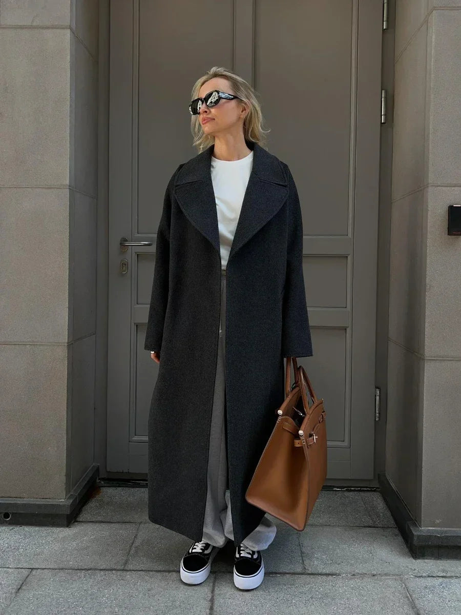 Women's Winter Thick Woollen Belted Loose Long Jacket Coat