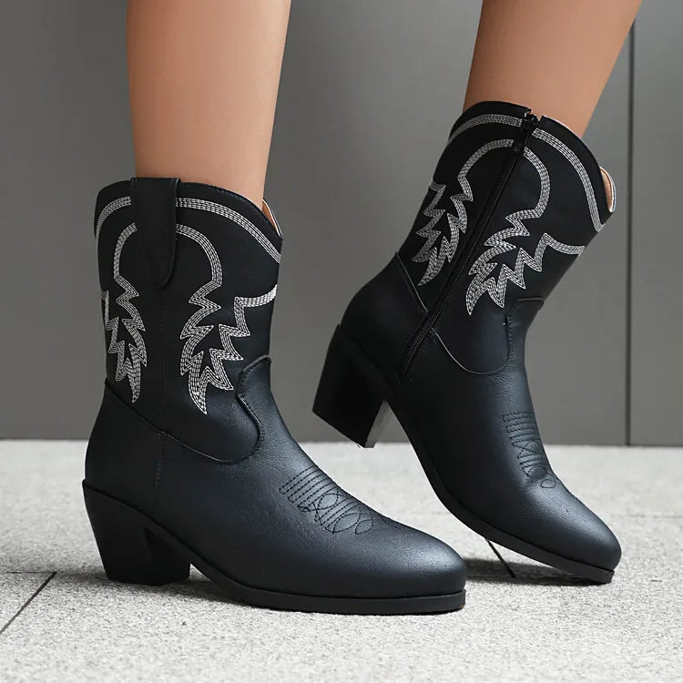 Totem Embroidered Ankle Boots - Pointed Toe Chelsea Boots with 6cm Wedge Heel
