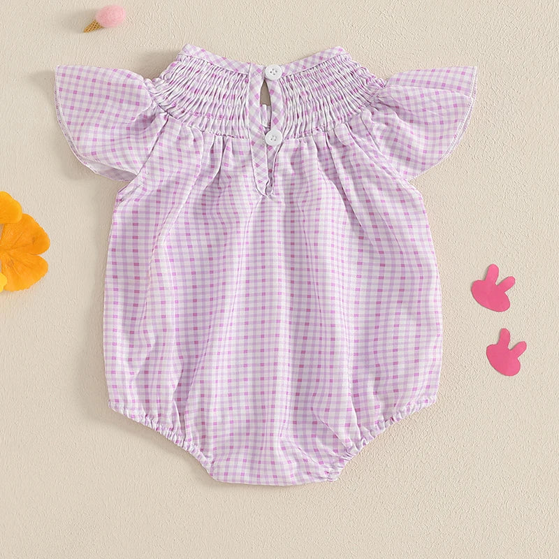 Baby Girls Easter Romper - Rabbit Embroidery Plaid Smocked Jumpsuit