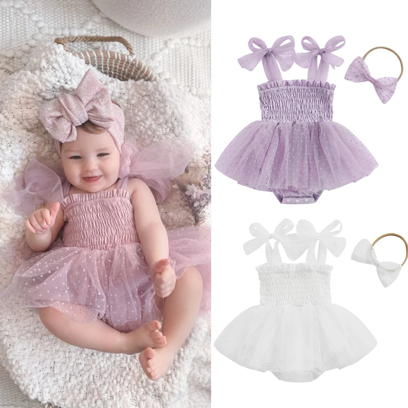 Baby Girls Princess Romper Dress Set - Sleeveless Dot Mesh Tulle with Hairband