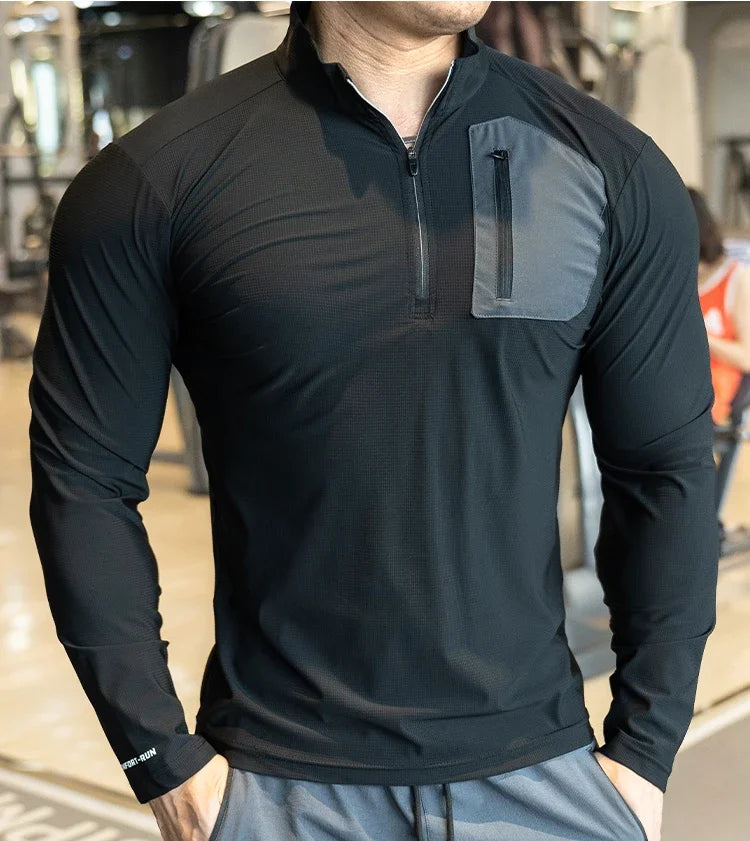 Men's Muscle Workout Sportswear Long Sleeve Running Clothing with Half Zip with Pockets Sports Gym Fitness Compression Shirt