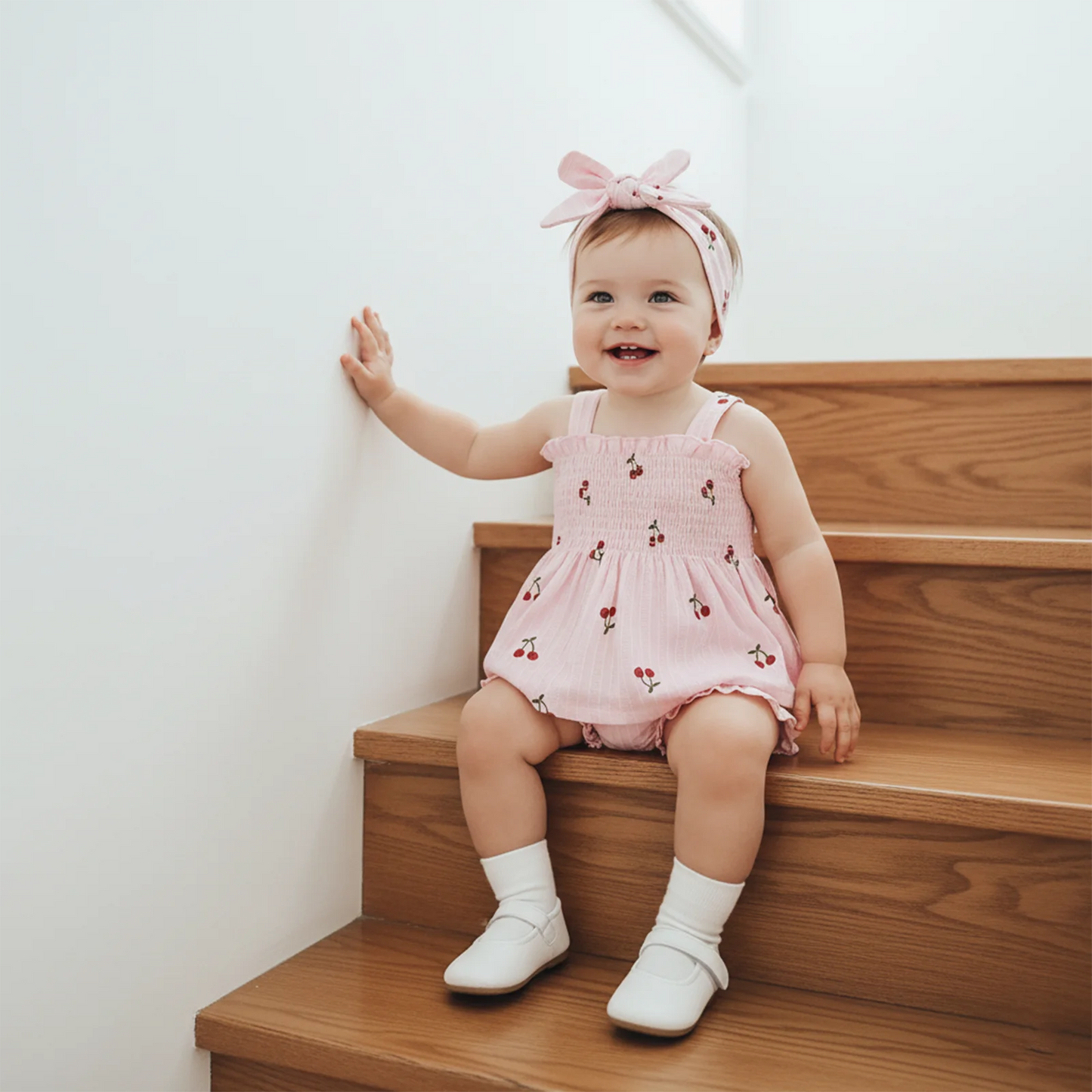 Baby Girls Summer Outfit Set - Cherry Print Square Collar Top with Ruffled Shorts & Headband 0-24M