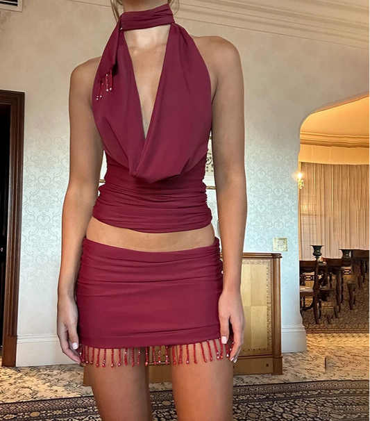 Women's Elegant Ruched Draped Halter 2 Piece Set - Top & Mini Skirt