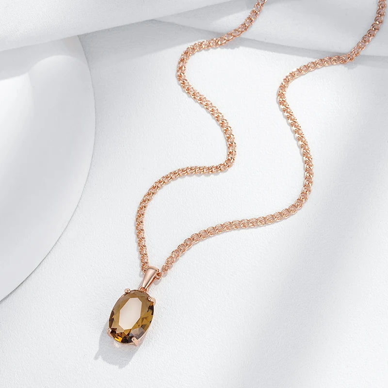 Women's Oval Brown Crystal Pendant Necklace 585 Rose Gold Colour With Natural Zircon