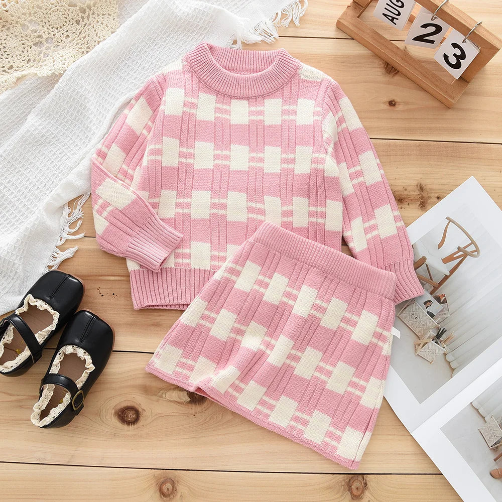 Girl's Colour Blocked Sweater Set Girls Long Sleeved Top and elastic Short Skirt 2-piece Set